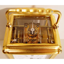 Load image into Gallery viewer, A 19th cent French Gilt Bronze Gorge Case Striking Carriage Clock by Henry Jacot Paris With Box And Key

