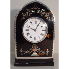 Load image into Gallery viewer, An Edwardian silver mounted gold and abalone shell inlaid lancet-shaped mantel clock.
