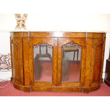 Load image into Gallery viewer, An English Victorian Bur Walnut And Boxwood Inlay Credenza With A Carrera White Marble Top