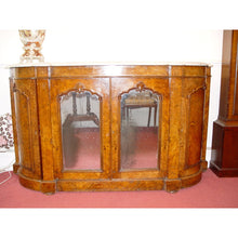 Load image into Gallery viewer, An English Victorian Bur Walnut And Boxwood Inlay Credenza With A Carrera White Marble Top