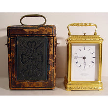 Load image into Gallery viewer, A Stunning Quality Mid 19th Century French Engraved Gilt Bronze Gorge Case Antique Repeating Carriage Clock With The Original Red Moroccan Leather Travelling Box By Henry Lepaute Retailed By With Wilson And Gandar,392 Strand, London
