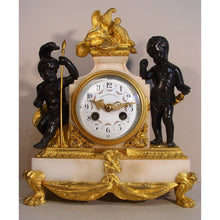 Load image into Gallery viewer, A Small French Louis XVI Style Carrera Marble And Ormolu Cherub Mantle Clock
