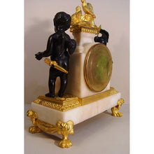 Load image into Gallery viewer, A Small French Louis XVI Style Carrera Marble And Ormolu Cherub Mantle Clock