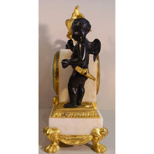 Load image into Gallery viewer, A Small French Louis XVI Style Carrera Marble And Ormolu Cherub Mantle Clock
