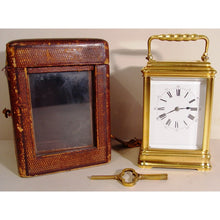 Load image into Gallery viewer, A 19th cent French Gilt Bronze Gorge Case Striking Carriage Clock by Henry Jacot Paris With Box And Key