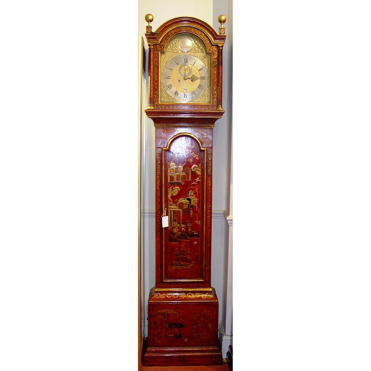 A 1780 Red Japanned And Poly Chrome Gilt Chinoiserie longcase