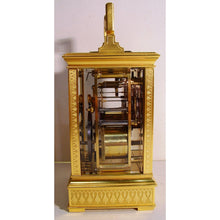 Load image into Gallery viewer, A Soldano French Engraved Gilt Case Repeating Carriage Clock,Retailed By French, London