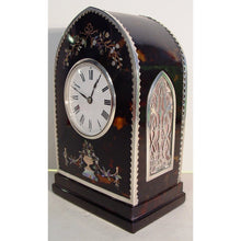 Load image into Gallery viewer, An Edwardian silver mounted gold and abalone shell inlaid lancet-shaped mantel clock.