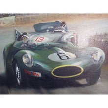 Load image into Gallery viewer, An Original Oil Painting By Dion Pears Of A Jaguar D-Type Leading a Mercedes SLR,