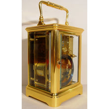 Load image into Gallery viewer, A Fine Quality Late19th Century Antique French Gilded And Laquered Corniche Cased Striking Carriage Clock  By Henry Jacot, Paris