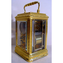 Load image into Gallery viewer, A Stunning Quality Mid 19th Century French Engraved Gilt Bronze Gorge Case Antique Repeating Carriage Clock With The Original Red Moroccan Leather Travelling Box By Henry Lepaute Retailed By With Wilson And Gandar,392 Strand, London