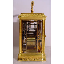 Load image into Gallery viewer, A Stunning Quality Mid 19th Century French Engraved Gilt Bronze Gorge Case Antique Repeating Carriage Clock With The Original Red Moroccan Leather Travelling Box By Henry Lepaute Retailed By With Wilson And Gandar,392 Strand, London