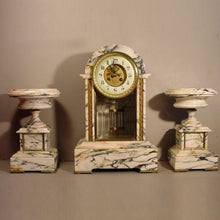 Load image into Gallery viewer, A French Late 19th Century Carrera White Marble/ Blue Vein Three Piece Four-Glass Clock With Side Tazzas